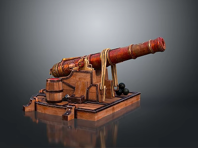 Vintage Historical Weapon Cannon With Red Barrel Wooden Base Ropes And Cannonballs 3d model