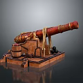Vintage Historical Weapon Cannon With Red Barrel Wooden Base Ropes And Cannonballs