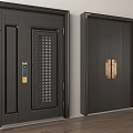 Modern Black Security Doors With Grid Design Carved Patterns And Golden Handles 3d model