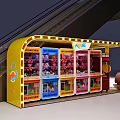 Vibrant Yellow Amusement Booth With Colorful Game Machines And Cartoon Pig Figures