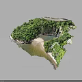 Lush Green Natural Landscape With Central Blue Water Body And Sandy Shore Areas