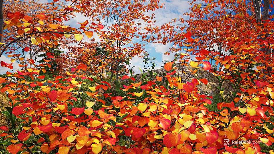 Vibrant Autumn Shrubs With Red And Orange Leaves Against Blue Sky 3d model 