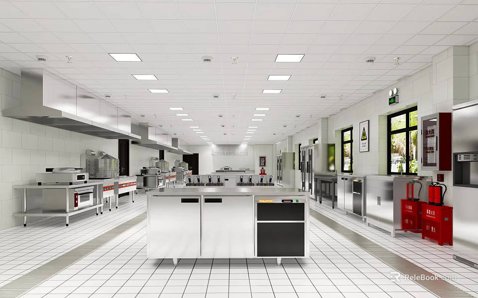 Commercial Restaurant Kitchen Interior With Stainless Steel Worktables Commercial Appliances And Ventilation System 3d model 