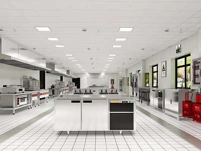 Commercial Restaurant Kitchen Interior With Stainless Steel Worktables Commercial Appliances And Ventilation System 3d model