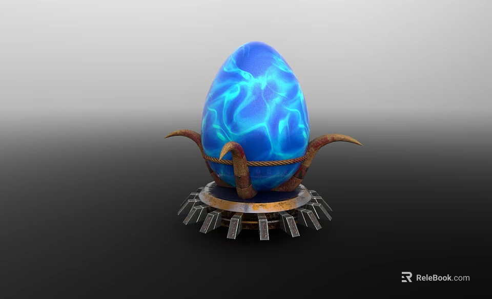 Blue Flame Textured Decorative Ornament Set With Horned Supports And Metal Base 3d model 