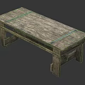 Rustic Wooden Table With Planked Top And Metal Straps On Sturdy Legs