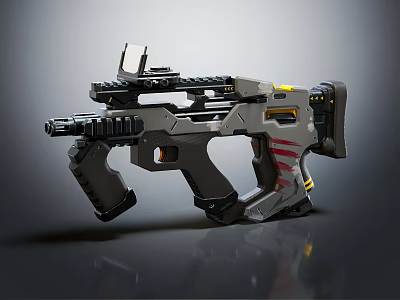 Futuristic Weapon Design With Tactical Rail Scope Red Stripes And Yellow Accents 3d model