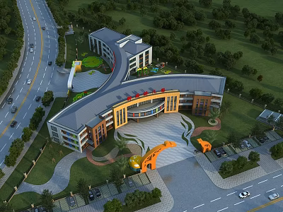 Modern Multilevel School Building With Green Lawns Trees And Circular Entrance Plaza 3d model