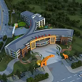 Modern Multilevel School Building With Green Lawns Trees And Circular Entrance Plaza
