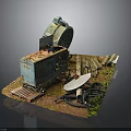 Weathered Blue Truck Model Scene With Satellite Dish Wooden Planks Ropes And Moss