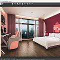 Hotel Room Interior With Comfortable Bed City View And Modern Workspace 3d model