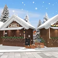 Festive Winter Tobacco Liquor Store in Snowy Scene with Pine Trees Snowman and Striped Roof
