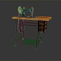 Vintage Sewing Machine on Metal Stand with Wooden Tabletop Drawer Foot Pedal and Thread Spool