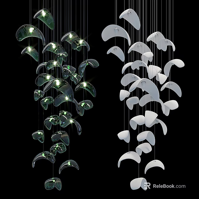 Modern Creative Chandelier Design With Hanging Crescent Leaf Like Shapes Green White Illuminated Lights 3d model 
