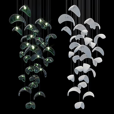 Modern Creative Chandelier Design With Hanging Crescent Leaf Like Shapes Green White Illuminated Lights 3d model