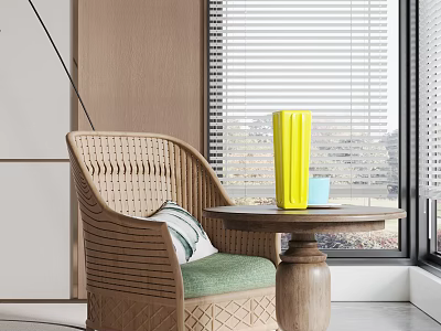 Woven Rattan Armchair With Green Cushion Round Table Yellow Vase Blue Cup By Window Blinds 3d model