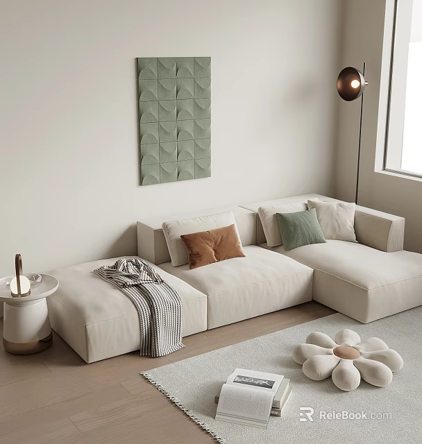 Beige Multi Person Sofa With Colorful Cushions Green Decorative Painting Floor Lamp And Side Table 3d model 