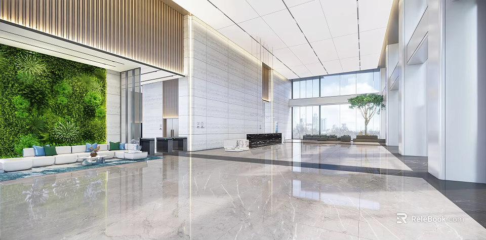 Modern Lobby Reception Desk Interior With Marble Floor Green Wall And Large Windows 3d model 