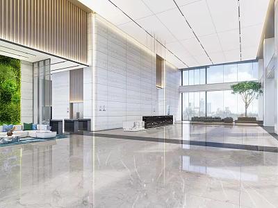 Modern Lobby Reception Desk Interior With Marble Floor Green Wall And Large Windows 3d model