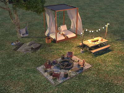 Garden Landscape With Canopy Hammock Fire Pit Picnic Table And String Lights 3d model