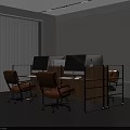 Modern Office Desk With Wooden Top Metal Frame Dividers And Ergonomic Chairs