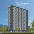 Modern High Rise Residential Building With Gray And White Exterior Surrounded By Trees And Mountains