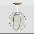 Modern Wooden Pendant Light With Metal Circular Frame And Glass Spherical Shade