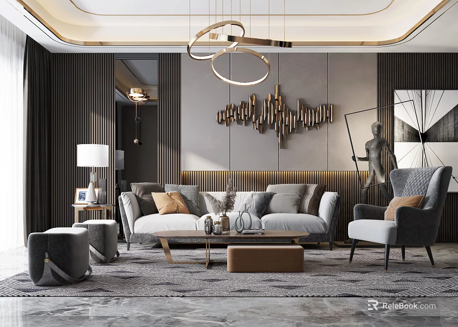 Modern Luxury Living Room Sofa and Coffee Table Set with Gray Pillows Circular Chandelier and Decorative Wall Art 3d model 