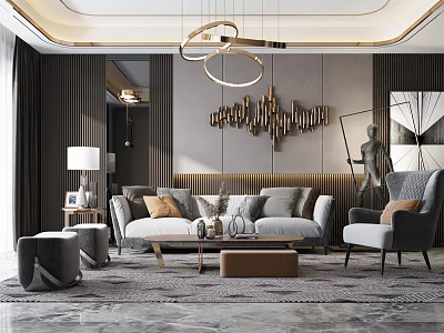 Modern Luxury Living Room Sofa and Coffee Table Set with Gray Pillows Circular Chandelier and Decorative Wall Art 3d model