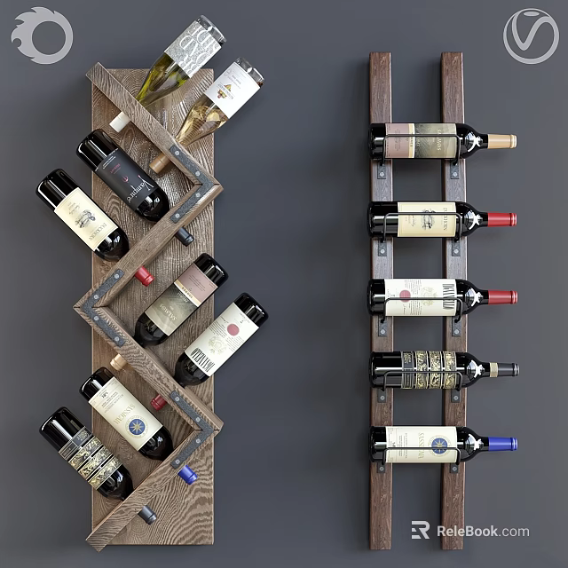 Wooden Wine Rack Display With Various Neatly Arranged Wine Bottles And Labels 3d model 