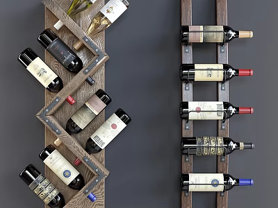 Wooden Wine Rack Display With Various Neatly Arranged Wine Bottles And Labels 3d model