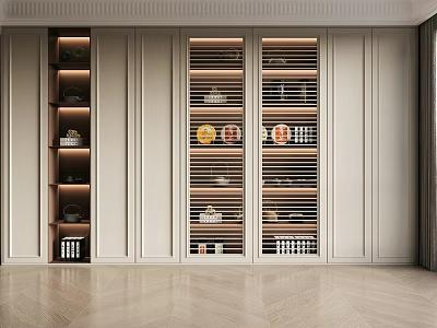 Modern White Elegant Decorative Cabinet With Glass Doors Lighting Strips Multiple Shelves And Wood Grain 3d model