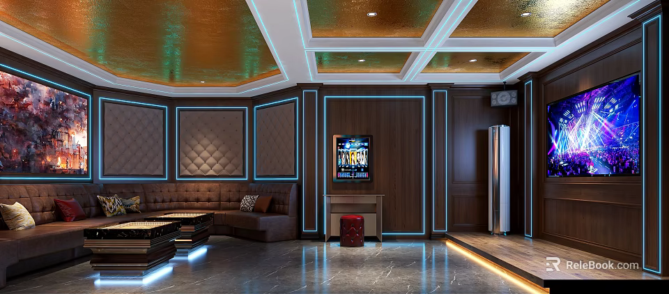 Luxury KTV Room Interior With Textured Walls Brown Leather Sofa And Blue LED Lighting 3d model 
