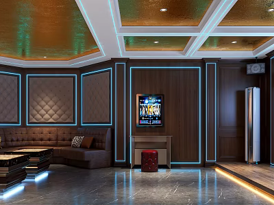 Luxury KTV Room Interior With Textured Walls Brown Leather Sofa And Blue LED Lighting 3d model