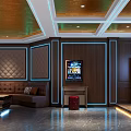 Luxury KTV Room Interior With Textured Walls Brown Leather Sofa And Blue LED Lighting