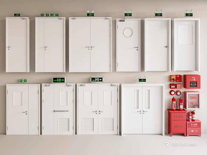 Various White Fire Doors And Red Fire Safety Equipment Cabinet 3d model 