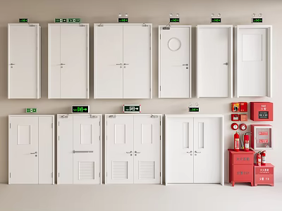 Various White Fire Doors And Red Fire Safety Equipment Cabinet 3d model