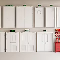 Various White Fire Doors And Red Fire Safety Equipment Cabinet
