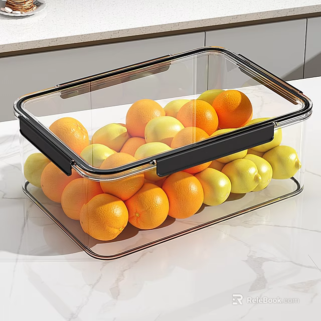 Fresh Oranges And Lemons In Clear Plastic Storage Box With Black Handles On Marble Countertop 3d model 