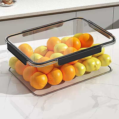 Fresh Oranges And Lemons In Clear Plastic Storage Box With Black Handles On Marble Countertop 3d model