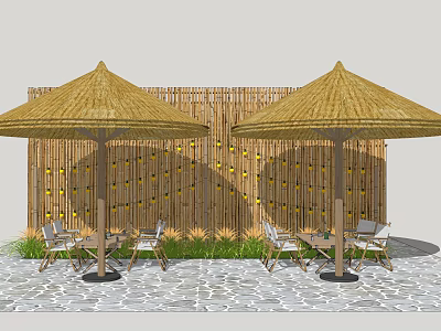 Outdoor Relaxation Space With Two Thatched Umbrellas Bamboo Screen Chairs Tables And Pebble Floor 3d model