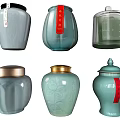 Elegant Ceramic Jars With Lids In Light Blue White And Red Gold Accents