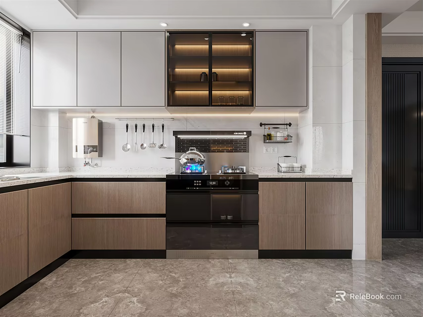 Modern Kitchen Interior With White And Wood Cabinets Countertop And Appliances 3d model 