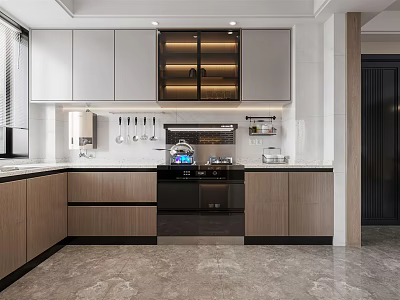 Modern Kitchen Interior With White And Wood Cabinets Countertop And Appliances 3d model