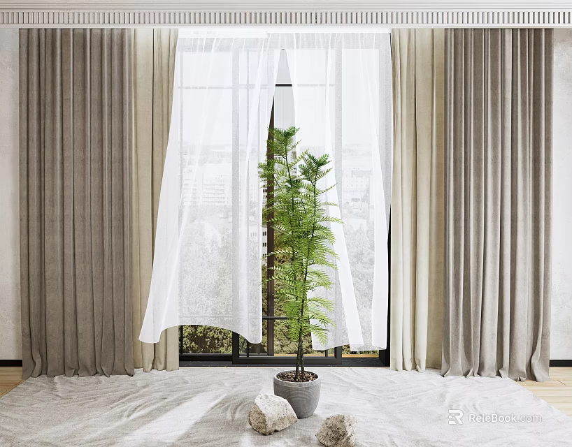 Beige Curtains With Sheer Layer And Indoor Plant Near Window For Natural Light 3d model 