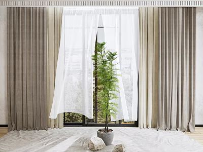 Beige Curtains With Sheer Layer And Indoor Plant Near Window For Natural Light 3d model