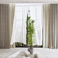 Beige Curtains With Sheer Layer And Indoor Plant Near Window For Natural Light