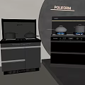 Poliform Modern Black Kitchen Appliances With Gas Stoves Blue Flames And Pots