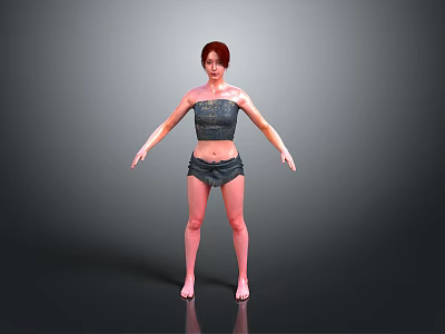 Woman With Red Hair In Strapless Top And Shorts Standing Barefoot On Gray Background 3d model