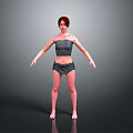 Woman With Red Hair In Strapless Top And Shorts Standing Barefoot On Gray Background